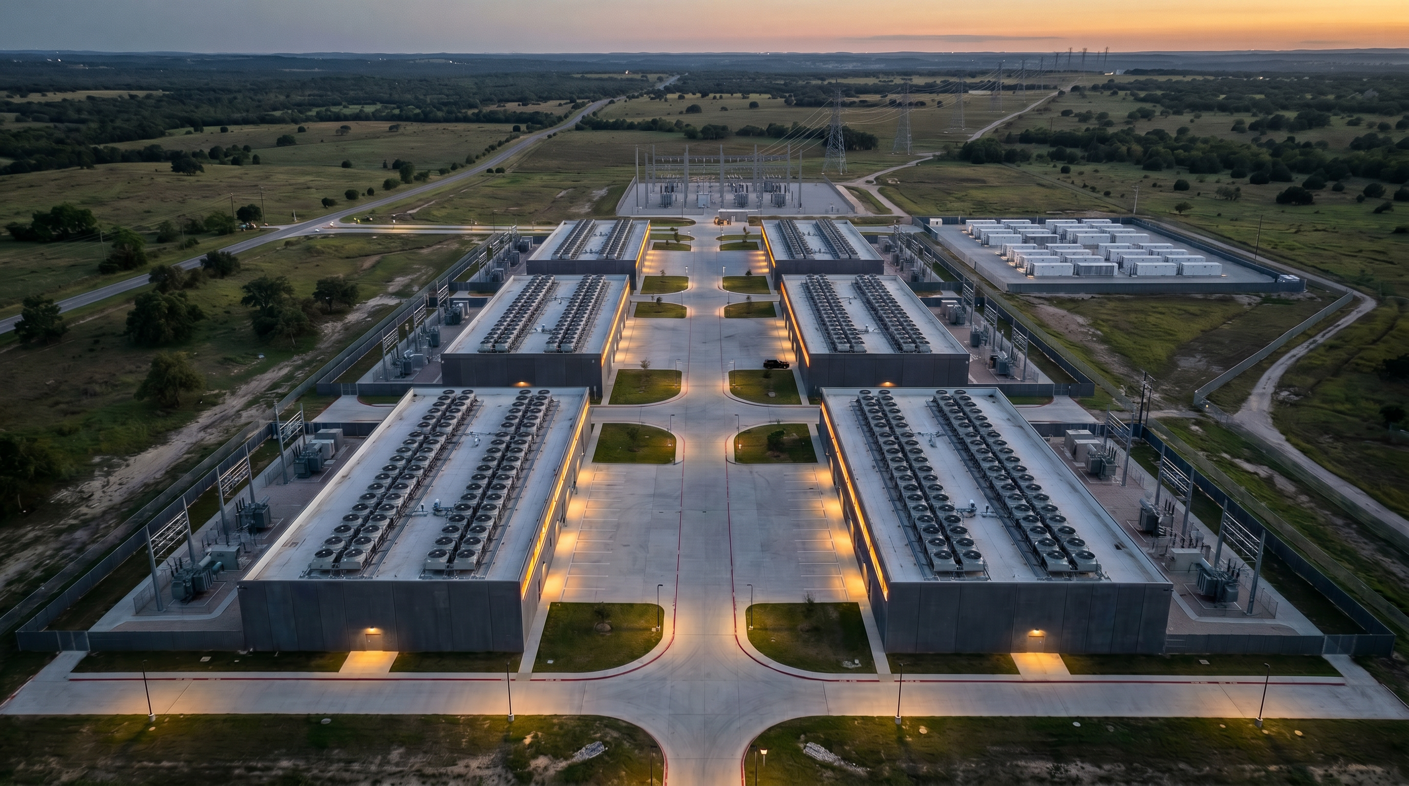 Aerial view of a hyperscale data center campus at dusk