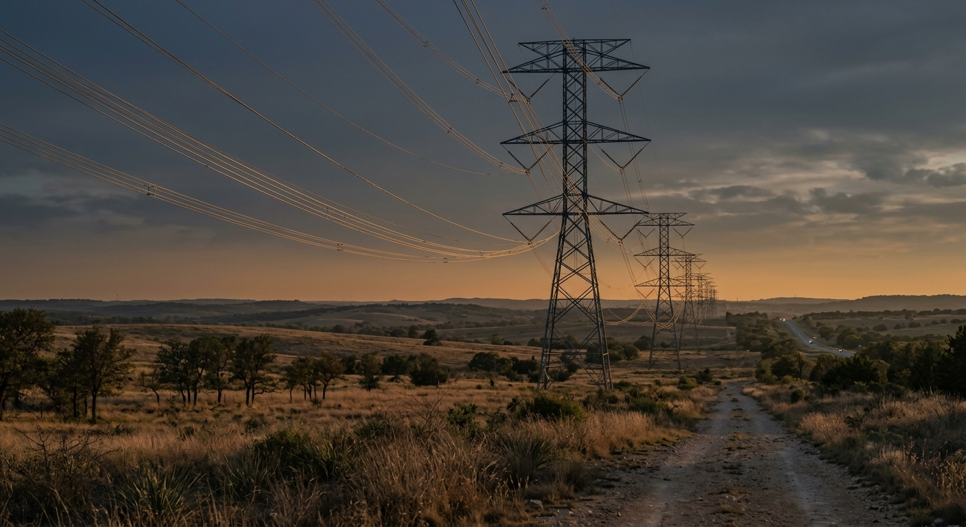 A high-voltage transmission corridor crossing open ranchland at golden hour